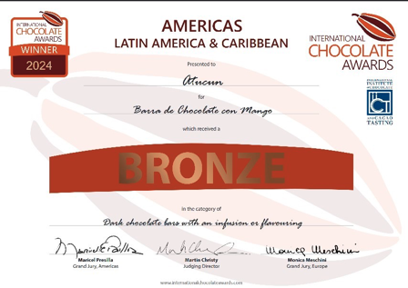 International Chocolate Awards 2024 Americas Latin America & Caribbean Bronze - Dark Chocolate with Infusion or Flavouring - Barra de Chocolate con Mango