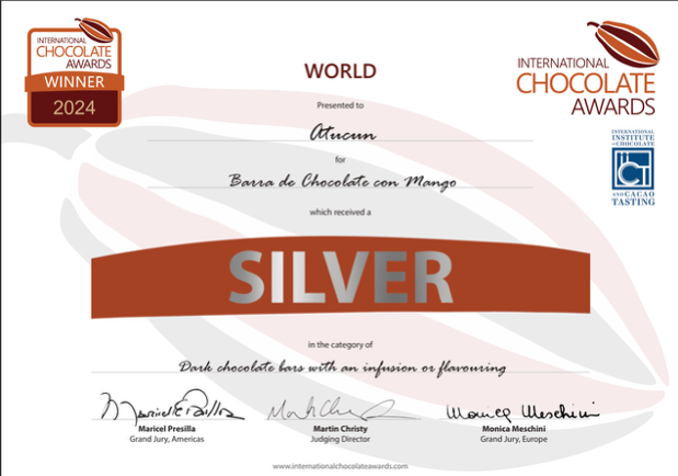 International Chocolate Awards 2024 World Silver - Dark Chocolate with Infusion or Flavouring - Barra de Chocolate con Mango