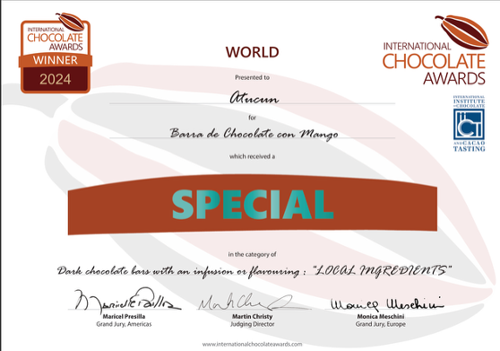 International Chocolate Awards 2024 World Special Recognition - Local Ingredients - Barra de Chocolate con Mango